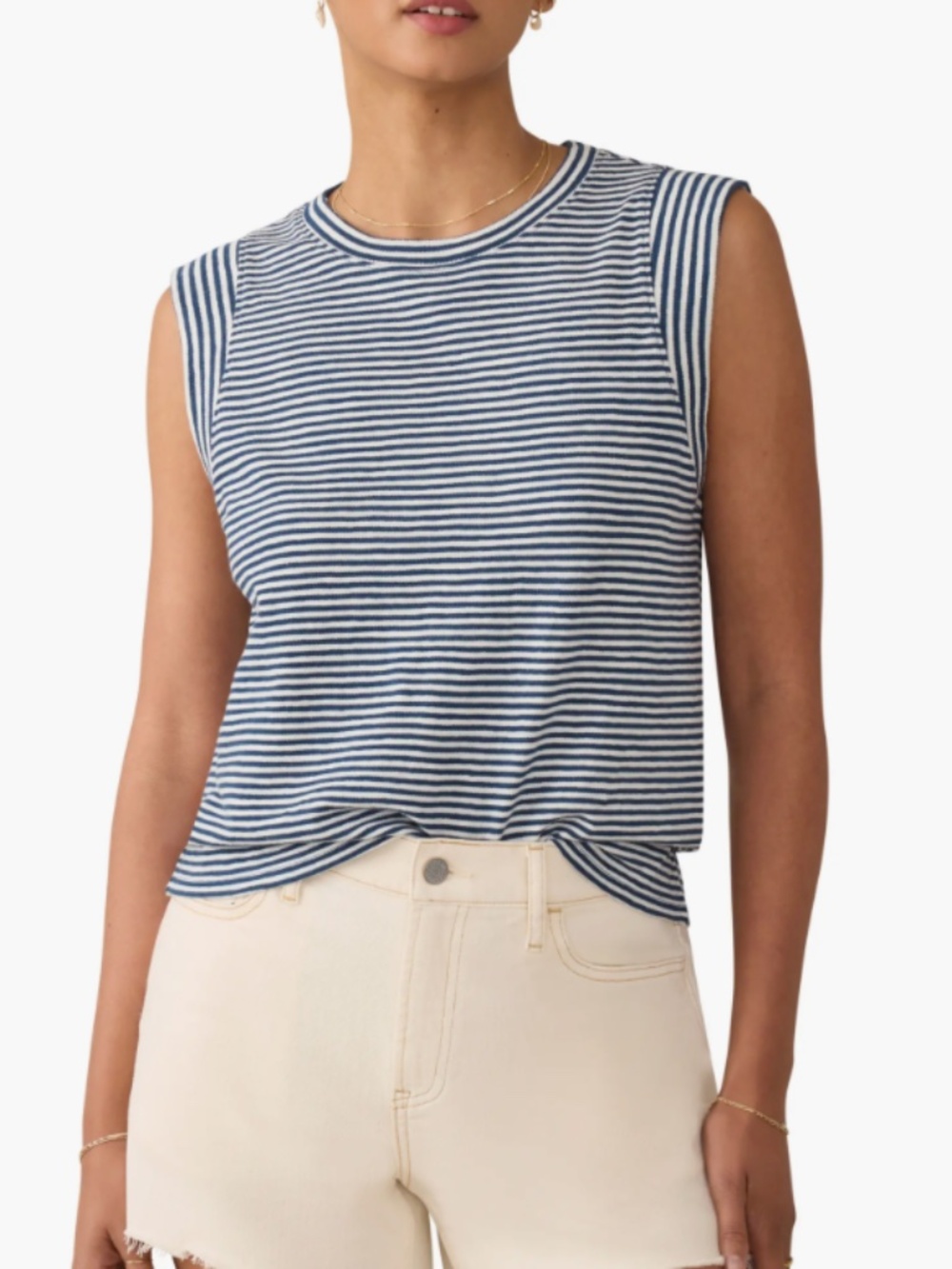 Faherty Sunwashed White and Blue Stripe Organic Cotton Slub Muscle Tank Large